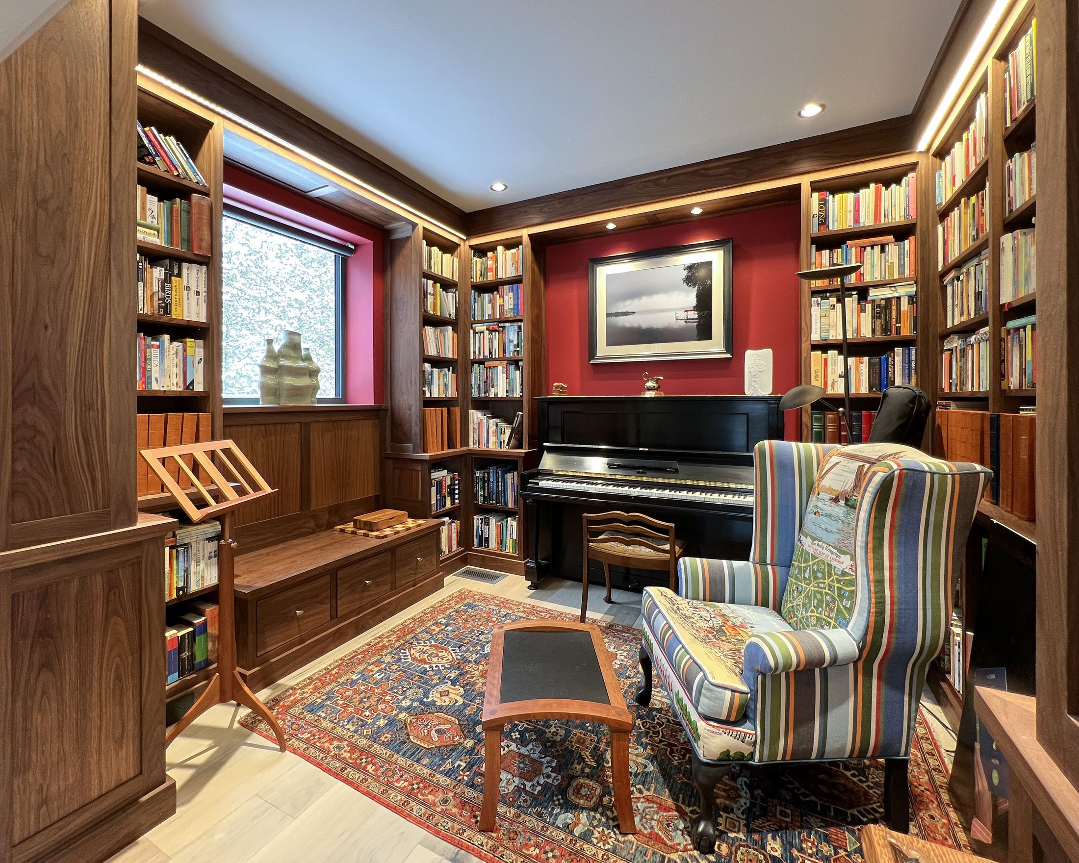 Steel Residence — Walnut library and piano alcove