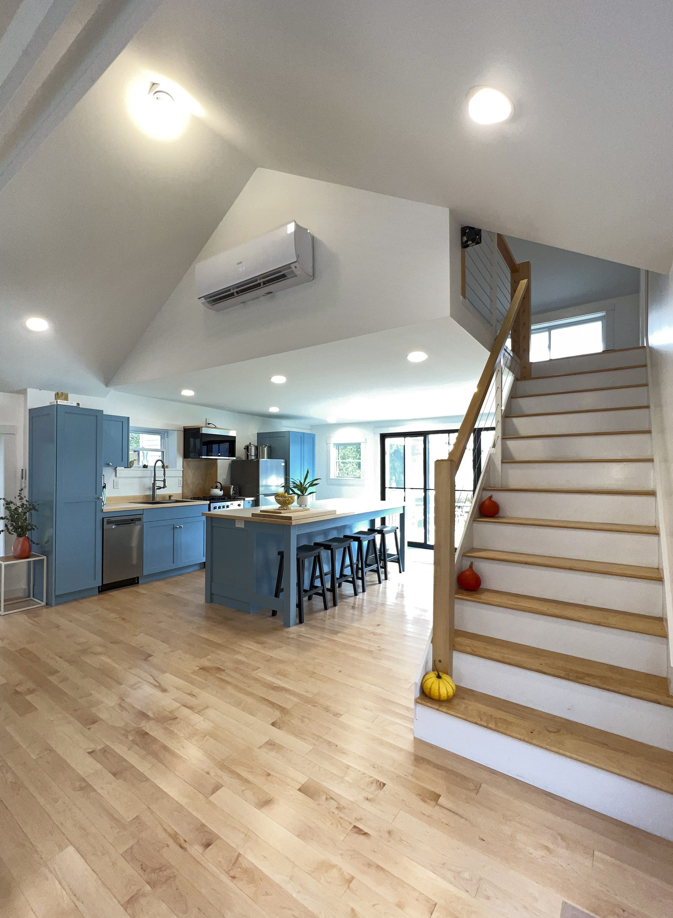 Shadow Lake Cottage — Maple stair rebuilt against the kitchen